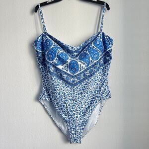J Crew Gemma Bandeau One Piece Bandana Block Print Swimsuit 22 Blue White Floral